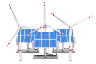 Yenilenebilir enerji kavramı. Güneş panelleri ve rüzgar türbinleri, 3d ren