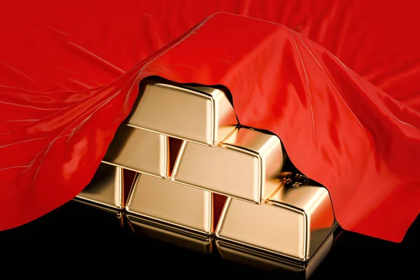 Gold ingots covered red cloth, 3D rendering — Stock Photo, Image