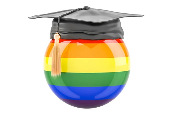 Arco iris gay bandera con un casquillo de graduación, 3D rendering — Foto de Stock