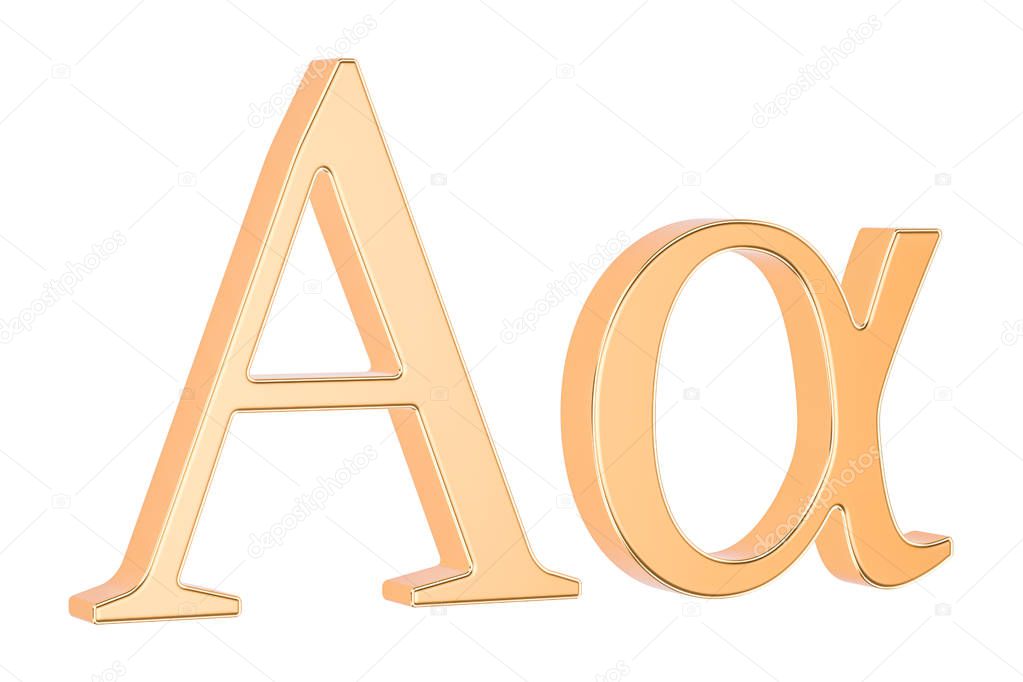 Golden Greek letter alpha, 3D rendering isolated on white background