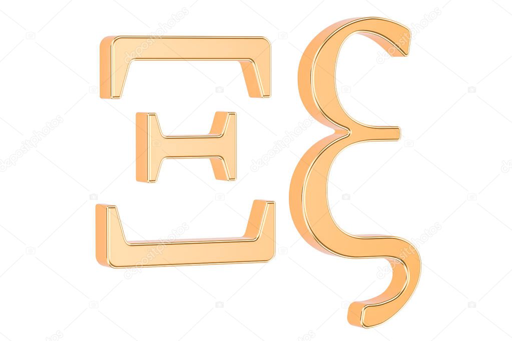 Golden Greek letter Xi, 3D rendering isolated on white background