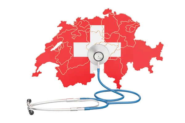 Mapa suizo con estetoscopio, concepto nacional de salud, 3D ren — Foto de Stock