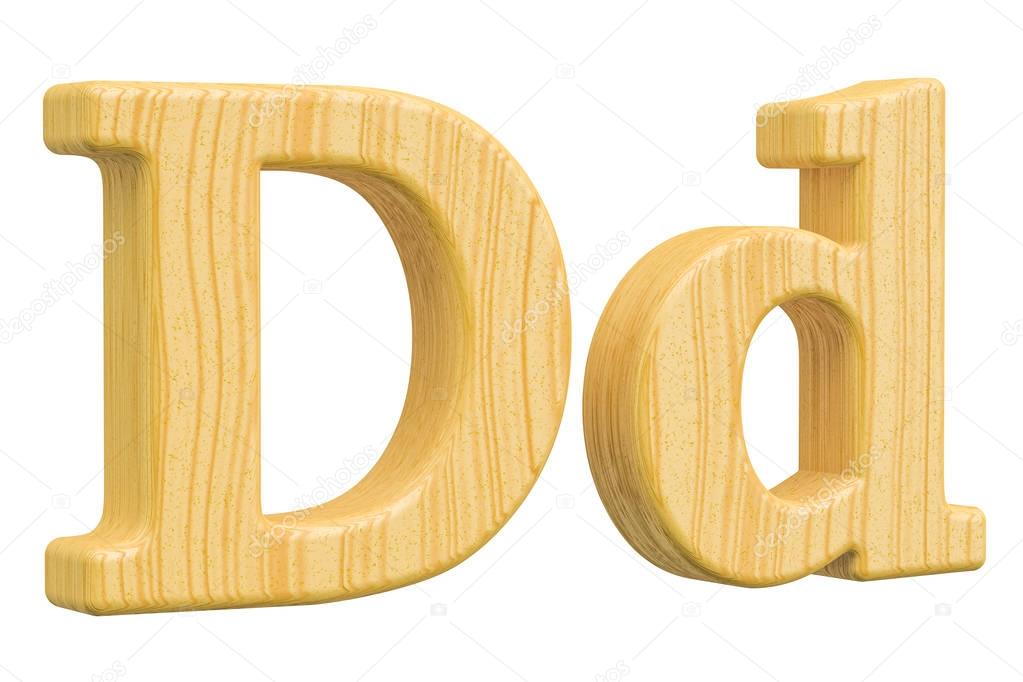 English wooden letter D, 3D rendering isolated on white background