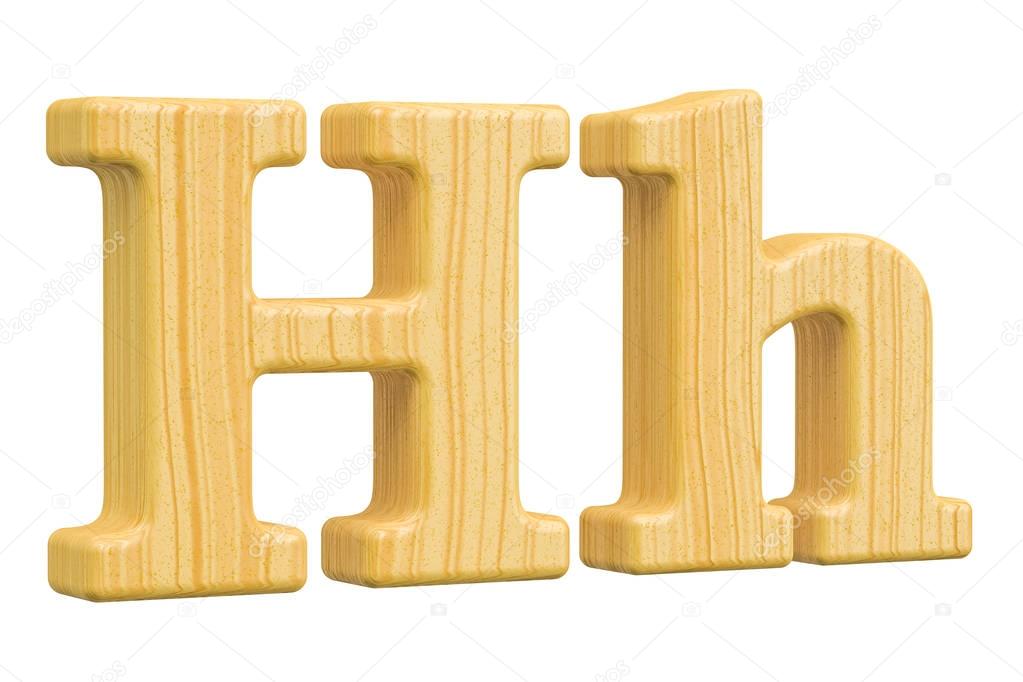 English wooden letter H, 3D rendering isolated on white background