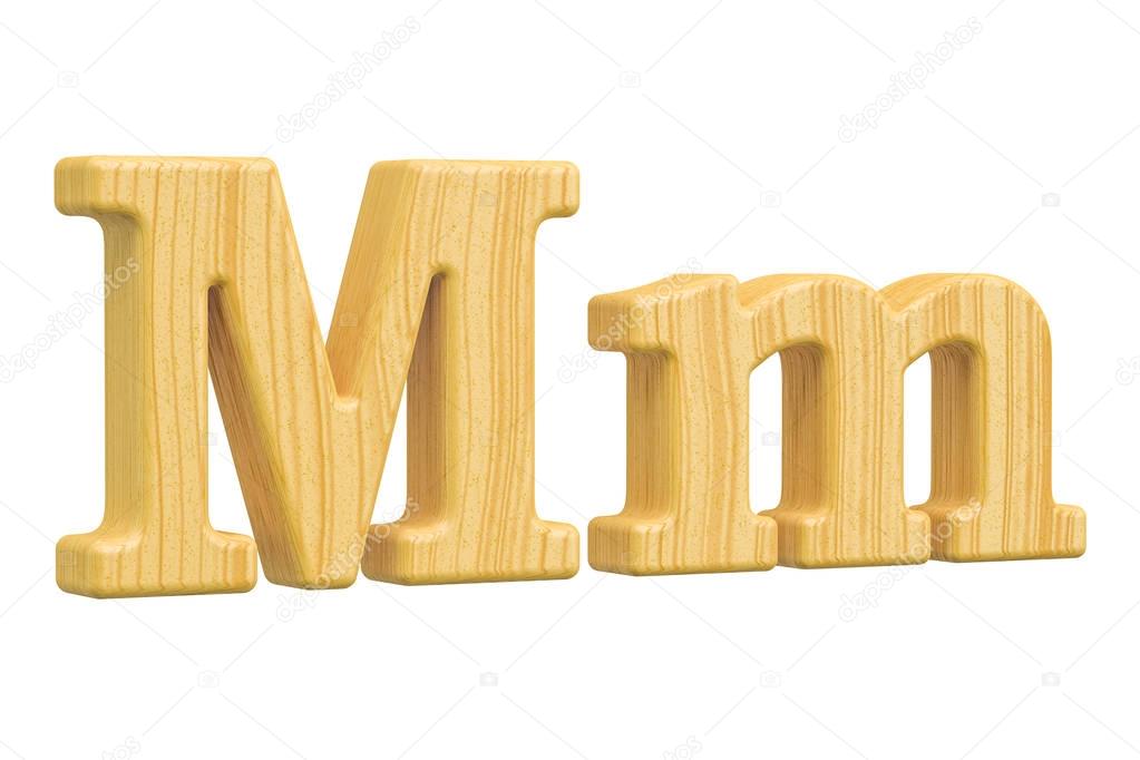English wooden letter M, 3D rendering isolated on white background