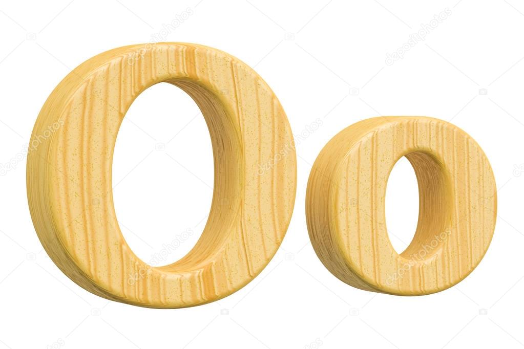 English wooden letter O, 3D rendering isolated on white background
