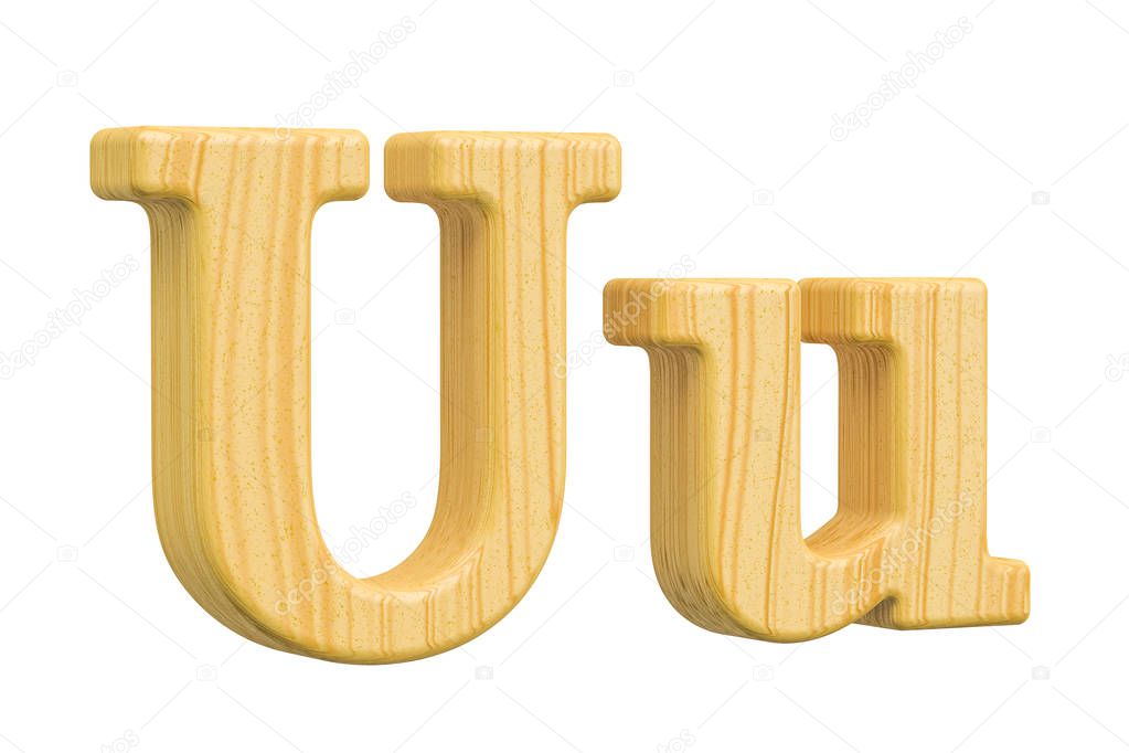 English wooden letter U with serifs, 3D rendering