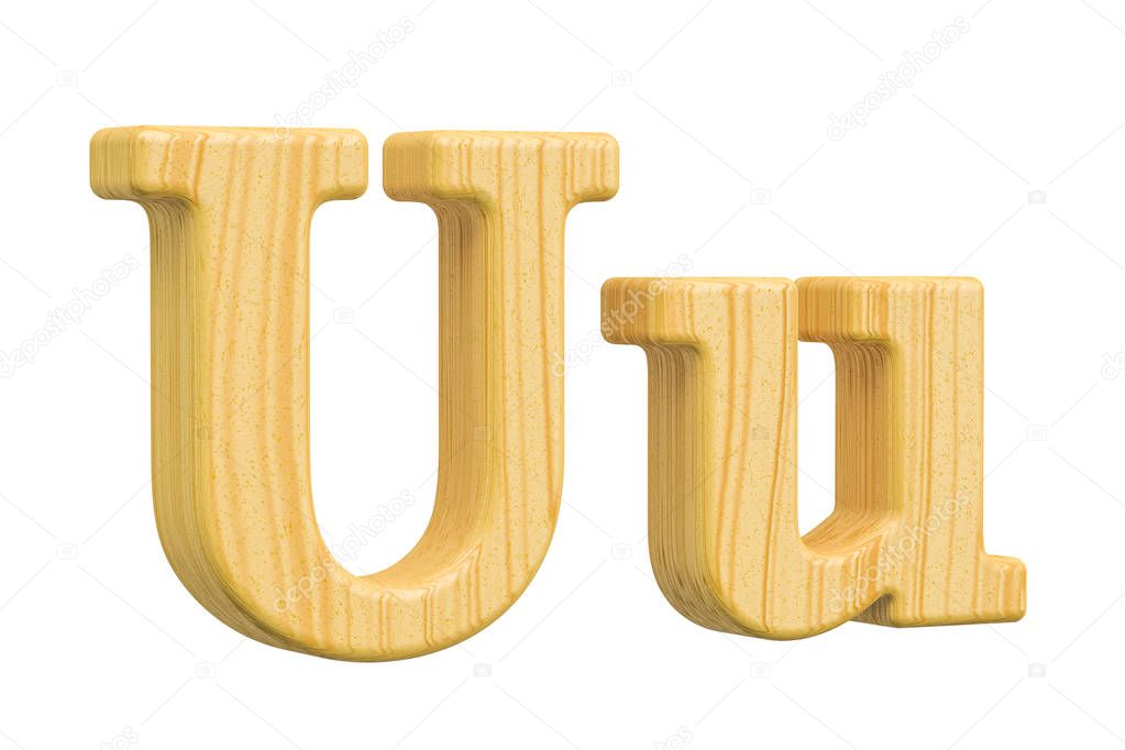 English wooden letter U, 3D rendering isolated on white background