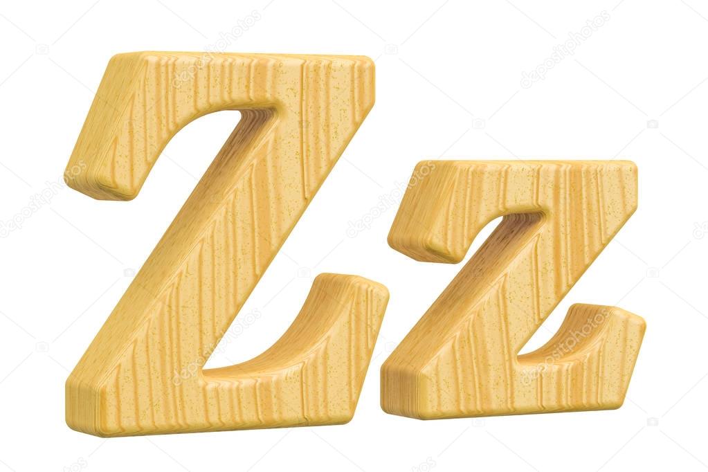 English wooden letter Z, 3D rendering isolated on white background