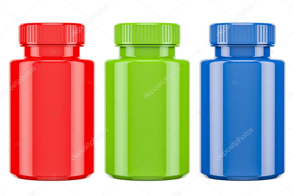 Set of colored medical bottles full drugs, 3D rendering