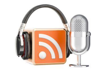 Kulaklık ve mikrofon Rss logo podcast, 3d render ile