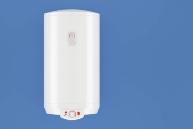 mavi duvar, 3d render beyaz tank elektrikli su ısıtıcı