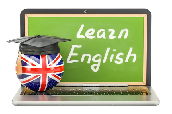 Aprender Inglês conceito com quadro-negro laptop e tampa de graduação , — Fotografia de Stock