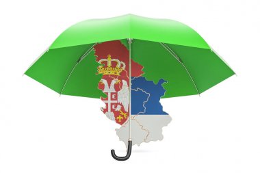 Sırp harita şemsiyesi altında. Güvenlik ve koruma veya sigorta co