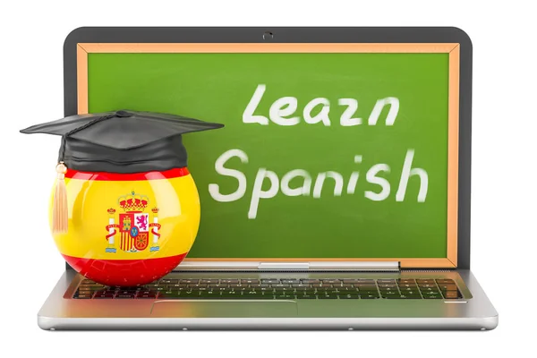 İspanyol konsept dizüstü bilgisayar yazı tahtası ve mezuniyet kap ile öğrenin, — Stok fotoğraf