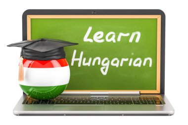 Macar konsept dizüstü bilgisayar yazı tahtası, mezuniyet kap ile öğrenmek bir