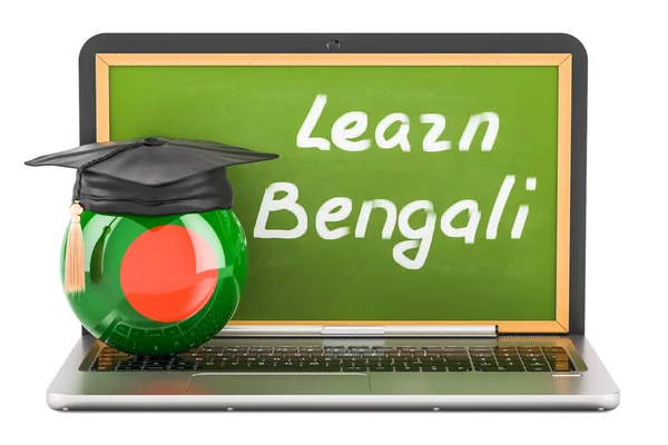 Aprender concepto bengalí con pizarra portátil, gorra de graduación y — Foto de Stock