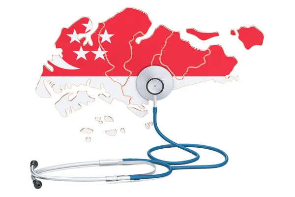 Singapur mapa con estetoscopio, concepto nacional de salud, 3D —  Fotos de Stock