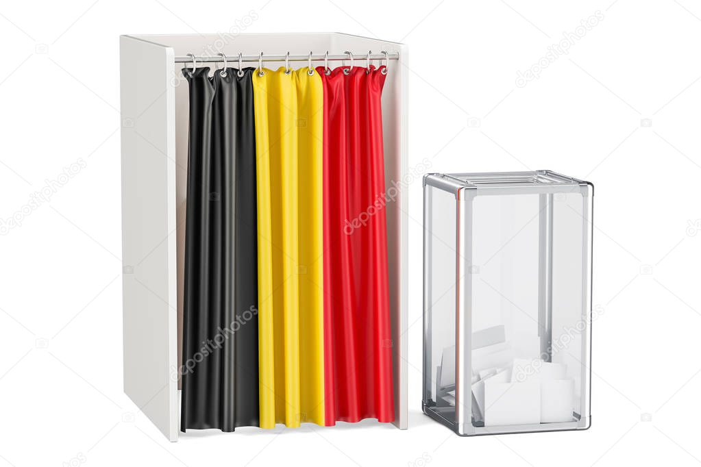 Belgian election concept, ballot box and voting booths with flag