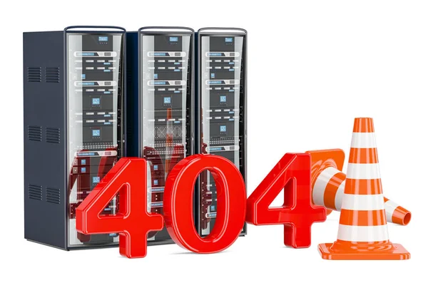 Стійки комп'ютерних серверів з 404 текстом, концепція технічної проблеми . — стокове фото