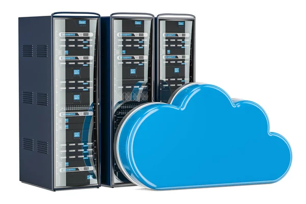 Стійки комп'ютерних серверів з хмарою обчислень. Концепція зберігання, 3D — стокове фото