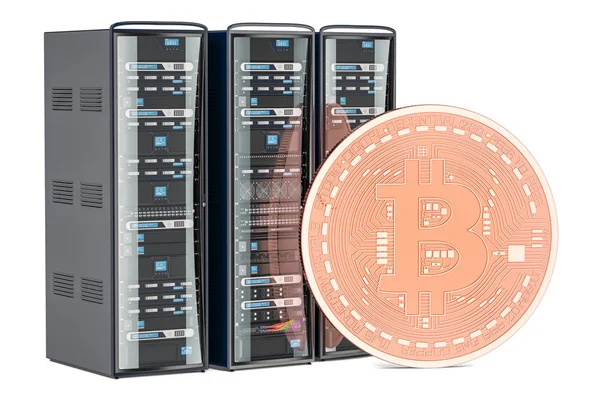 Computer Server Racks with bitcoin, mining concept. 3D rendering — Stock Photo, Image