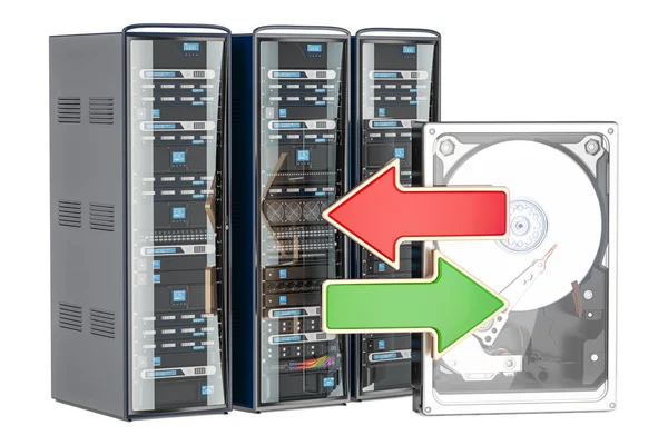 Dator serverrack med gröna och röda pilar, synkronisering — Stockfoto