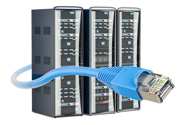 Ράφια Server υπολογιστή με σύνδεση lan στο internet καλώδιο, 3d rendering — Φωτογραφία Αρχείου