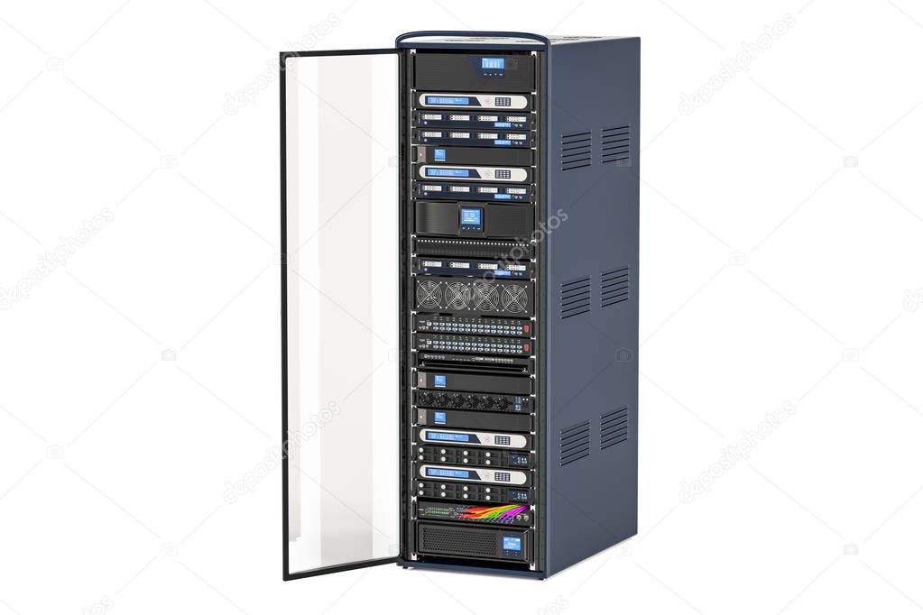 Computer Server Rack with opened door, 3D rendering