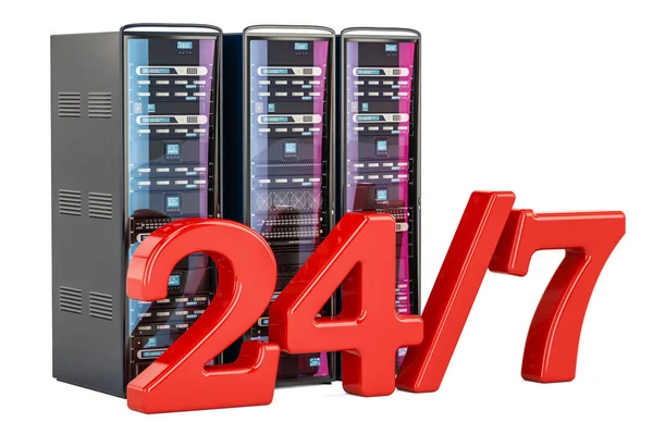 Bilgisayar sunucu rafları 24/7. Destek ve hizmet kavramı, 3d parçalamak