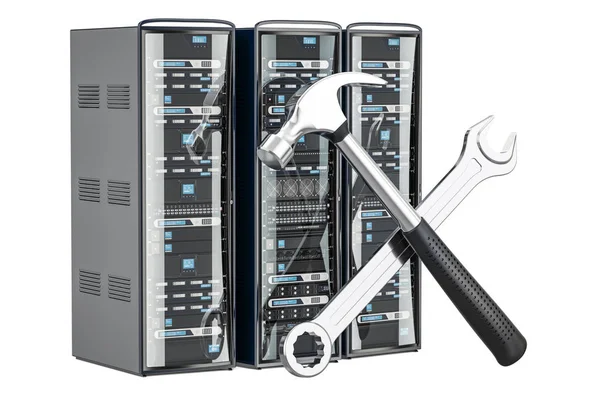 Computer Server Racks with tools. Repair and recovery concept, 3 — Stock Photo, Image