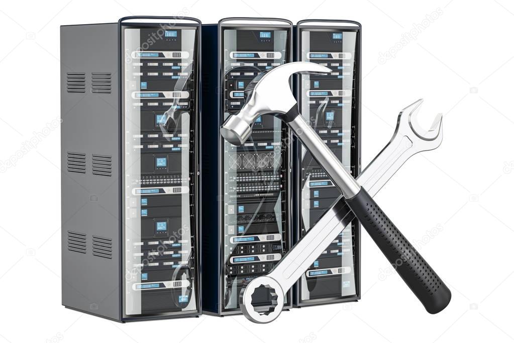 Computer Server Racks with tools. Repair and recovery concept, 3