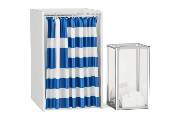 Görög választások koncepció, szavazóurnákhoz és szavazás fülkék a zászló-o — Stock Fotó