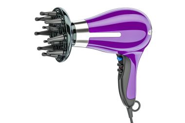 Purple hair dryer with nozzle, 3D rendering clipart