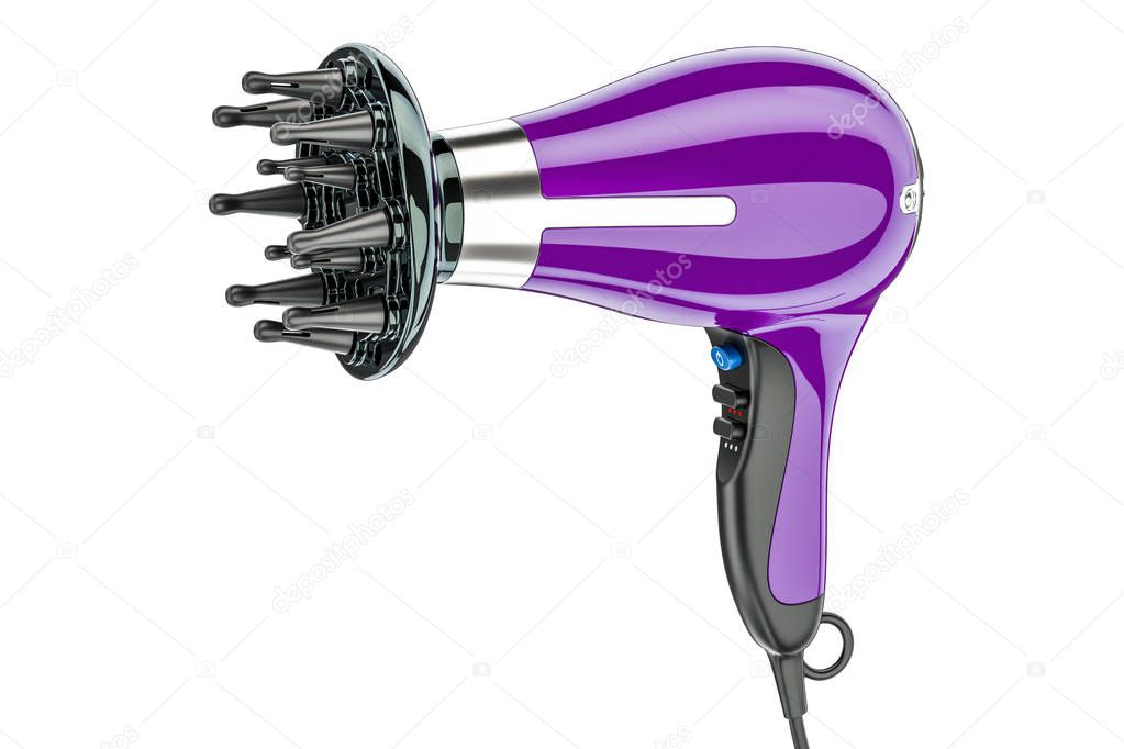 Purple hair dryer with nozzle, 3D rendering
