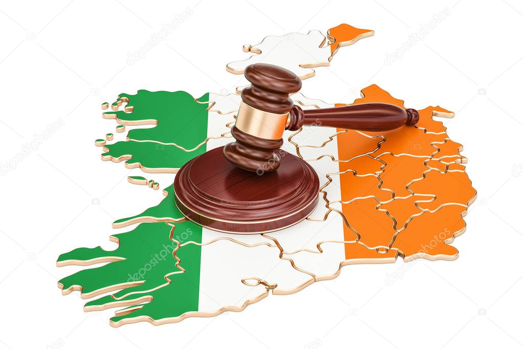 Wooden Gavel on map of Ireland, 3D rendering