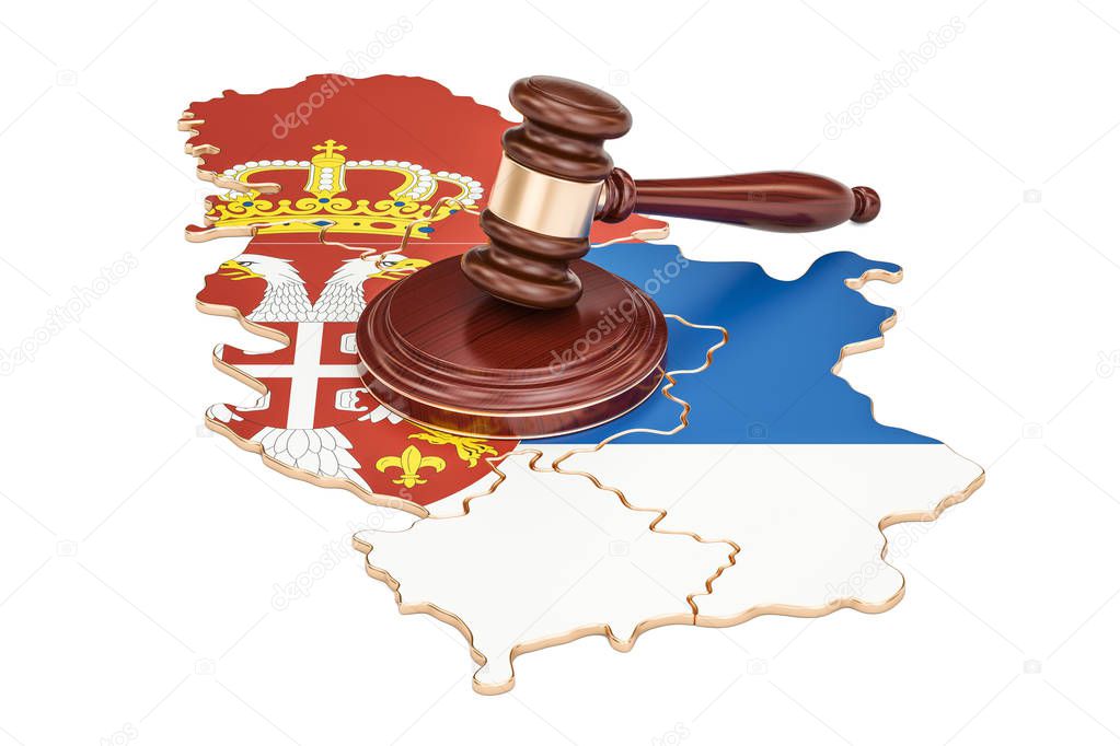 Wooden Gavel on map of Serbia, 3D rendering