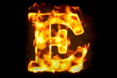 Fire letter E of burning flame light, 3D rendering