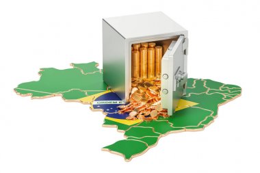 Brezilya, güvenlik Kasası harita üzerinde altın sikke ile 3d render