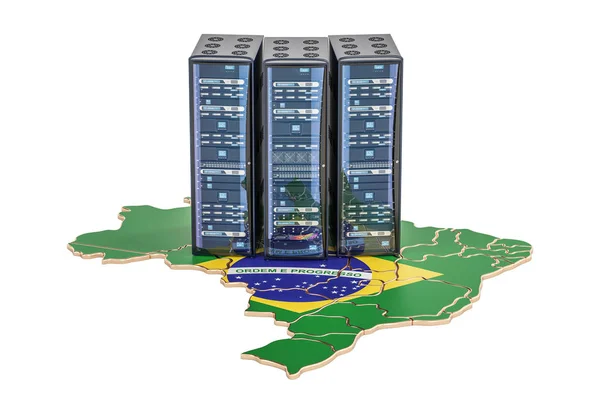 Cremalheira de servidores de data center no conceito Brasil, renderização 3D — Fotografia de Stock