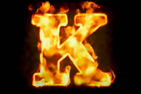 Ateş alev ışık, 3d render yanan harf K — Stok fotoğraf