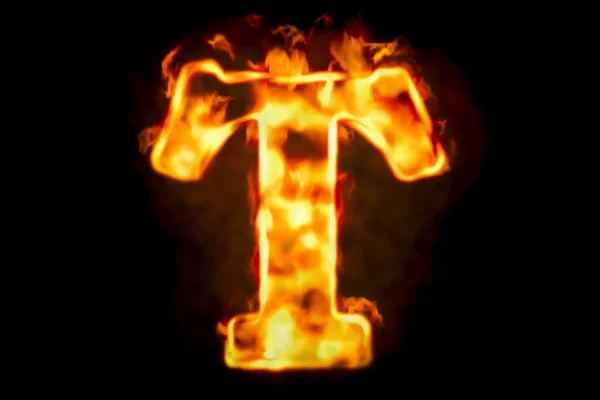 Carta de fogo T de chama acesa, renderização 3D — Fotografia de Stock
