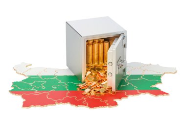 Bulgaristan, güvenlik Kasası harita üzerinde altın sikke ile 3d render