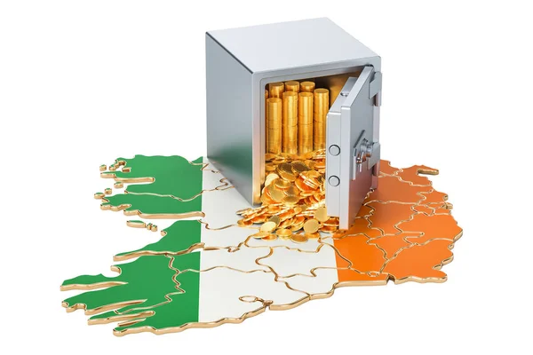 Skrytka pudełko z złote monety na mapie Irlandii, renderowania 3d — Zdjęcie stockowe