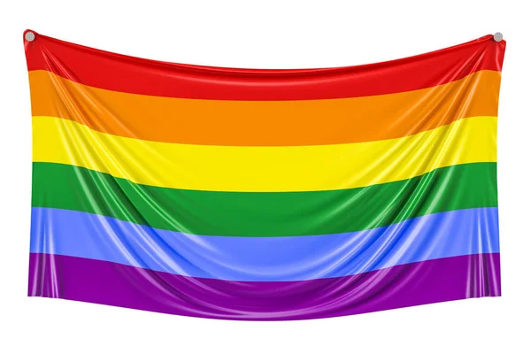 Bandera del arco iris LGBT colgada en la pared, representación 3D — Foto de Stock