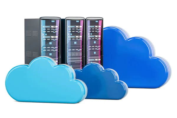 Серверные стойки с вычислительными облаками. Концепция хранения, 3D рендерин — стоковое фото