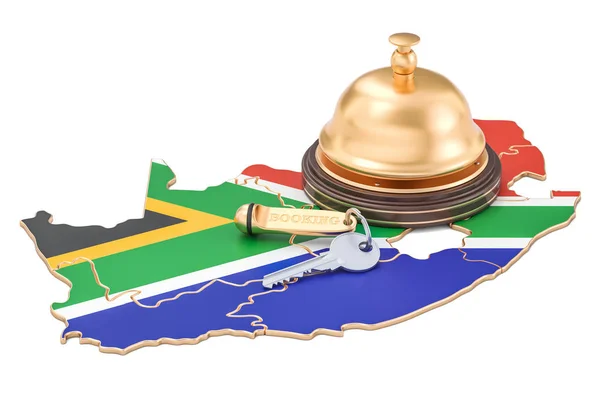 Südafrika Buchungskonzept. Flagge mit Hotelschlüssel und Rezeption — Stockfoto