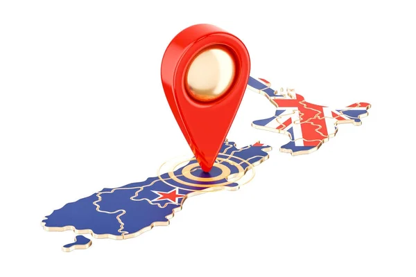 Kaart van de aanwijzer op de kaart van Nieuw-Zeeland, 3D-rendering — Stockfoto