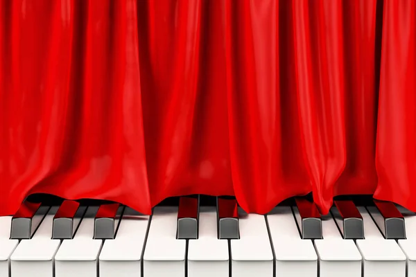 Teclado de piano con cortina roja, concepto de concierto de música. Rende 3D — Foto de Stock