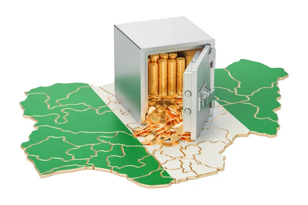 Caja de seguridad con monedas de oro en el mapa de Nigeria, representación 3D — Foto de Stock